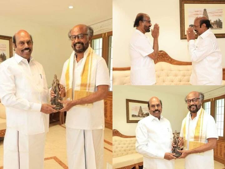 Rajinkanth in Tiruvannamalai : ரஜினிக்கு திருவள்ளுவர் சிலையை பரிசாக கொடுத்துள்ளார் அமைச்சர் எ.வ.வேலு. இவர்கள் இருவரும் சந்தித்து கொண்ட போது எடுக்கப்பட்ட புகைப்படம் இணையத்தில் வெளியாகியுள்ளது.