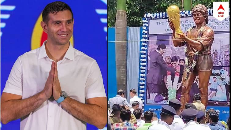 Emiliano Martinez showers flowers on Diego Maradona's statue at Lake Town, know in details Martinez On Maradona: লেক টাউনে মারাদোনার মূর্তিতে ফুল-মালা দিয়ে শ্রদ্ধার্ঘ মার্তিনেজ়ের, জনতার উপচে পড়া ভিড়