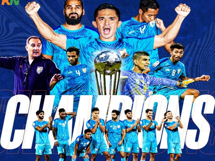 Crowd sings Vande Mataram and Maa Tujhe Salaam after India beat Kuwait to clinch SAFF Championship watch video Watch Video: 'வந்தே மாதரம்..' மைதானம் அதிர இந்திய அணியை நெகிழ வைத்த ரசிகர்கள்.. வைரலாகும் வீடியோ..