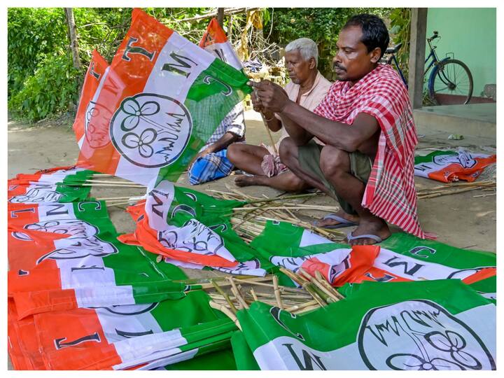 Workers prepare flags of Trinamool Congress ahead of West Bengal panchayat elections, in Nadia. (Image: PTI)