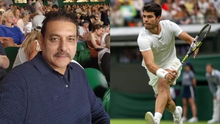 Ravi Shastri spotted in star-studded Centre Court crowd as Carlos Alcaraz battles for place in Wimbledon last 16 Wimbledon 2023: বিশ্বের ১ নম্বর আলকারাজের ম্যাচ দেখতে উইম্বলডনের গ্য়ালারিতে রবি শাস্ত্রী
