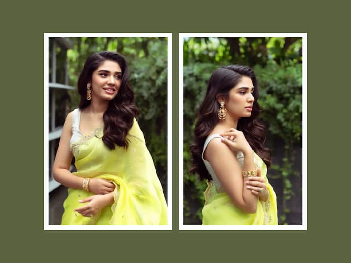 Krithi Shetty shared pictures in a lemon yellow saree as she attended an event related to her upcoming film 'Genie'