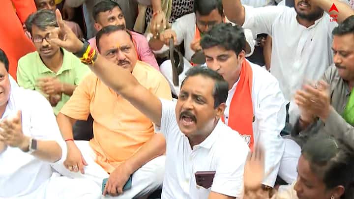 এদিন রাজ্য নির্বাচন কমিশনের দফতরের সামনে প্রতিবাদ বিক্ষোভে বসে পড়েন বিজেপি কর্মীরা। রাস্তায় বসে প্রতিবাদ জানিয়েছেন সজল ঘোষ।