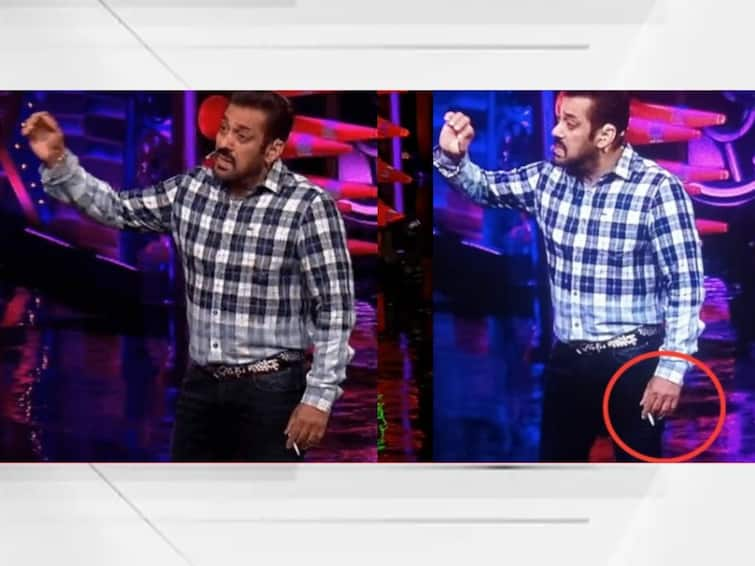 Salman Khan Smoking Watch Salman Khan holds a cigarette on Bigg Boss OTT 2 stage photo vedio viral Salman Khan : 'बिग बॉस ओटीटी 2'च्या मंचावर सलमान खानने ओढली सिगरेट; फोटो व्हायरल होताच नेटकऱ्यांनी घेतली भाईजानची शाळा