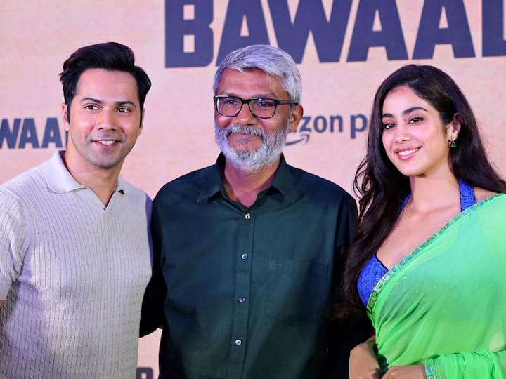 Janhvi Kapoor, Varun Dhawan and the team of Bawaal at the trailer launch of the Prime Video film.