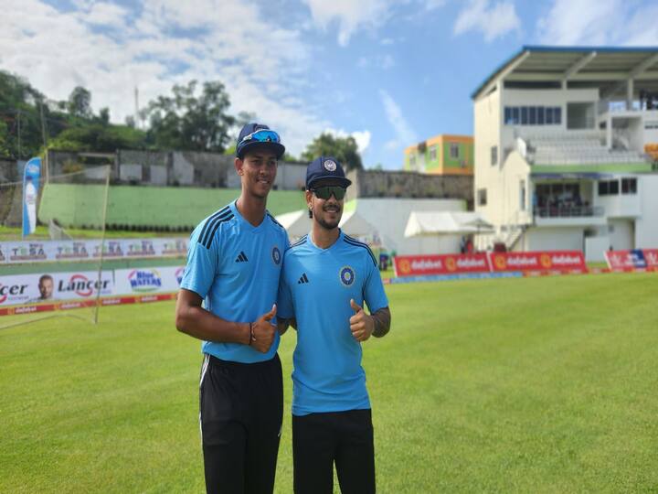 Yashasvi Jaiswal and Ishan Kishan were handed their Test caps before the start of the 1st Test between West Indies and India at the  : Windsor Park, Roseau, Dominica on July 12. (Image Source: Twitter/@BCCI)
