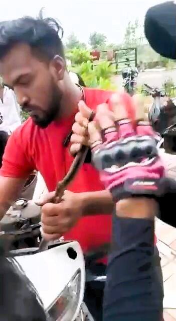 स्कूटरच्या हेडलाईटमधून साप काढत असल्याचा व्हिडीओ सध्या सोशल मीडियावर वायरल झाला आहे.