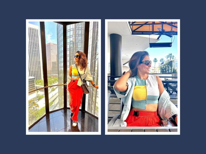 Hina Khan is currently in Los Angeles and she shared pictures wearing a crop top, red cargo pants, and a denim jacket.