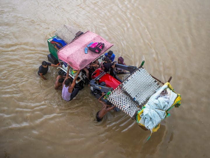 Delhi flood: दिल्लीतील यमुनेच्या पाण्याच्या पातळीत सातत्याने वाढ होत असल्याने आजूबाजूच्या भागात पाणी भरू लागलं आहे. एनडीआरएफ पथक लोकांना आणि प्राण्यांना सुरक्षितस्थळी हलवत आहेत.