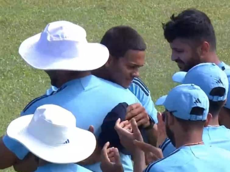 India vs West Indies 1st Test Yashasvi Jaiswal Emotional India Debut Video Yashasvi Hugs Rohit Sharma Receiving Test Cap IND vs WI 1st Test: Yashasvi Jaiswal Gets Emotional Ahead Of India Debut, Hugs Rohit Sharma After Receiving Test Cap. WATCH