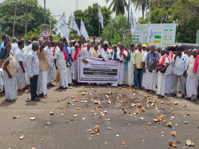 Thanjavur Farmers protest in Pattukottai demanding affordable price for coconut TNN தேங்காய்க்கு கட்டுப்படியான விலை கேட்டு பட்டுக்கோட்டையில் விவசாயிகள் நூதன போராட்டம்