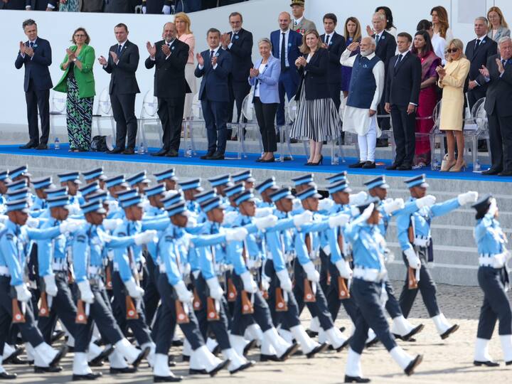 Prime Minister Narendra Modi takes the salute during Bastille Day Parade, in Paris. The Bastille Day parade is the main highlight of the festivities. Image Source: MEA