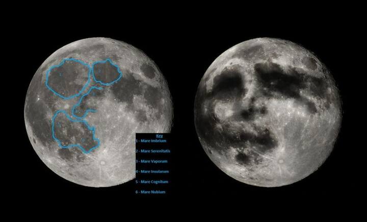 কৃষ্ণবর্ণ ওই চন্দ্রগহ্বরগুলিকে ‘মারিয়া’ বলে উল্লেখ করেন বিজ্ঞানীরা, যা আসলে জমাট বেঁধে থাকা লাভা এবং ব্যাসল্ট শিলায় পরিপূর্ণ। কাল্পনিক রেখা দিয়ে গহ্বরগুলিকে সংযুক্ত করলে মানুষের মুখের আকার ফুটে ওঠে, চোখ-নাক-মুখ ফুটে ওঠে।