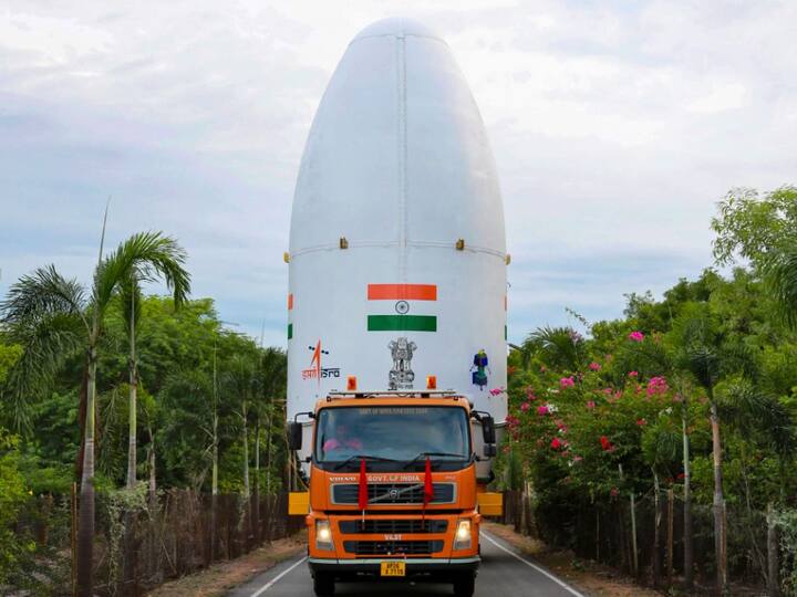 In preparation, the Launch Vehicle Mark-III (LVM3) M4 with Chandrayaan-3 being shifted to the launch pad at Satish Dhawan Space Centre, in Sriharikota. [Image Courtesy: PTI]