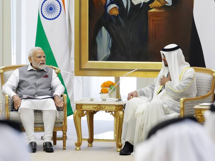 PM Modi In Abu Dhabi PM Narendra Modi Meets UAE President Sheikh Mohamed Bin Zayed Al Nahyan India UAE Ties ‘India Views You As True Friend’: PM Modi Tells UAE Prez, Says Bilateral Trade Will Soon Reach $100 Bn Target
