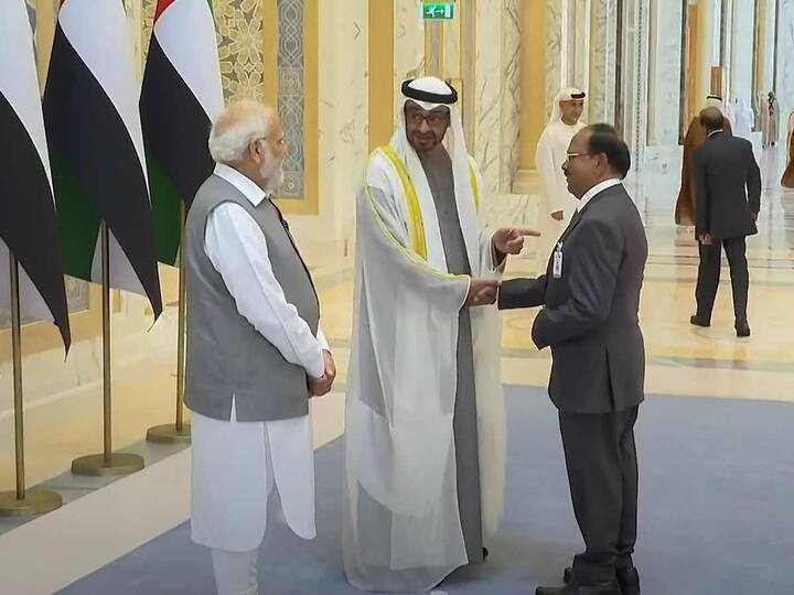 Prime Minister Narendra Modi was seen with UAE President Sheikh Mohamed bin Zayed Al Nahyan and National Security Advisor Ajit Doval during his ceremonial welcome in Abu Dhabi on Saturday. After his 