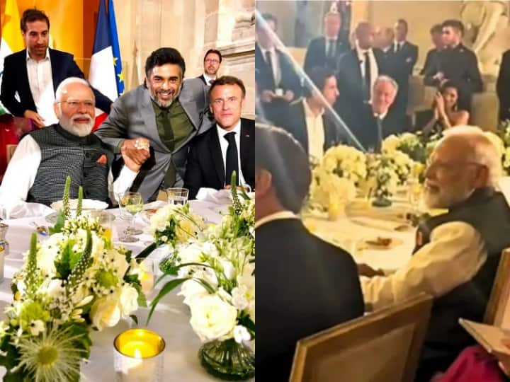 Jai Ho song played twice at PM Narendra Emmanuel Macron R. Madhavan dinner in France फ्रांस में पीएम मोदी के डिनर पर बजा AR Rahman का गाना 'जय हो', चुटकियां बजाकर झूमे इमैनुएल मैक्रों, देखिए वायरल वीडियो