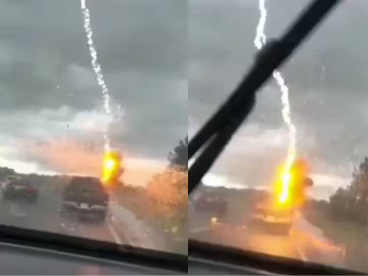 lightning strike blast on busy road video viral on social media Lightning Strike: ਸੜਕ 'ਤੇ ਜਾ ਰਹੀ ਸੀ ਕਾਰ, ਅਚਾਨਕ ਡਿੱਗੀ ਅਸਮਾਨੀ ਬਿਜਲੀ, ਕੈਮਰੇ 'ਚ ਕੈਦ ਹੋਇਆ ਖੌਫਨਾਕ ਦ੍ਰਿਸ਼ - ਵੀਡੀਓ