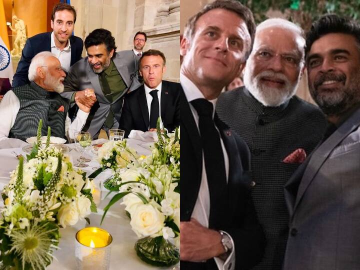 R Madhavan Join Dinner With Pm Narendra Modi by france president Emmanuel Macron see Inside Pictures R Madhavan ने पीएम मोदी और फ्रांस के राष्ट्रपति संग दिए पोज, डिनर की इनसाइड पिक्चर्स शेयर कर लिखा हार्टवार्मिंग नोट