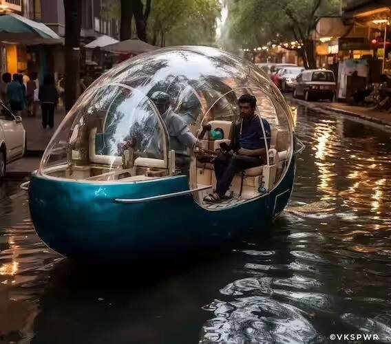 AI फोटोंमध्ये जर भविष्यात संपूर्ण दिल्लीत पाणी भरलं, तर दिल्लीकर कसे प्रवास करतीय याचं भीषण वास्तव दर्शवलं आहे.