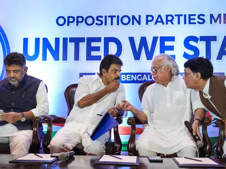 Congress leader Jairam Ramesh interacted with other party leaders KC Venugopal, DK Shivakumar and Pawan Khera during a press conference ahead of the opposition meeting. Jairam Ramesh said the first round of meetings in Patna had baffled Prime Minister Modi and the BJP and attempts are being made to breathe life into the National Democratic Alliance (NDA). (Source: PTI)