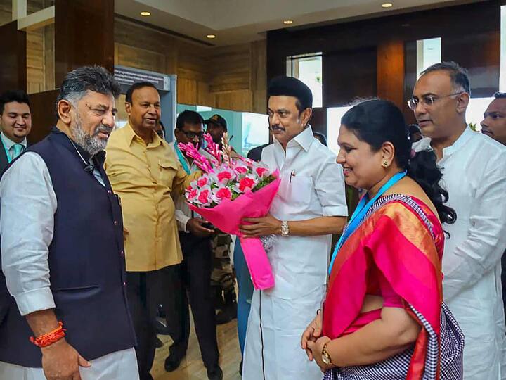 Tamil Nadu Chief Minister MK Stalin also arrived in Bengaluru and he was welcomed by Karnataka Deputy Chief Minister and Congress leader DK Shivakumar at HAL airport. Stalin said everyone has united to defeat BJP. (Source: PTI)