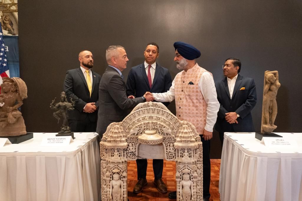 India's Ambassador to US Taranjit Singh Sandhu at a repatriation ceremony for the 105 trafficked antiquities being returned to India.