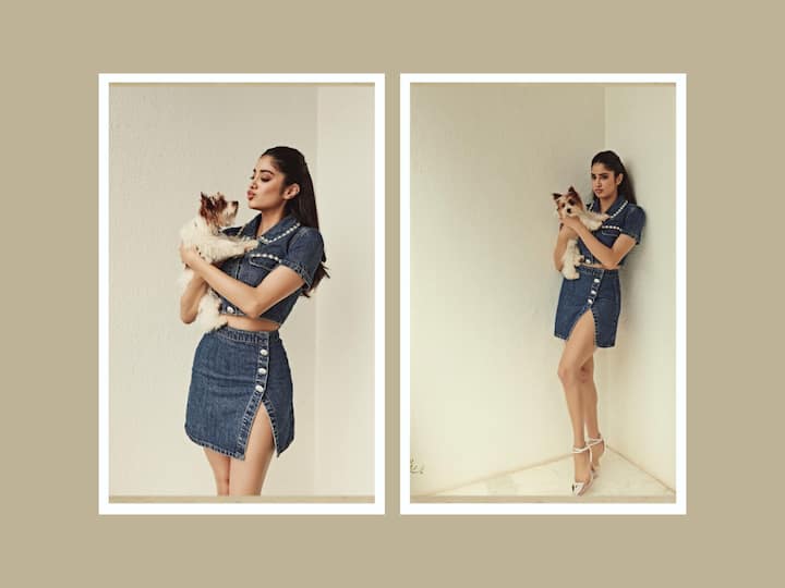 Janhvi Kapoor recently shared pictures on Instagram where she can be seen posing with a cute fluffy puppy.