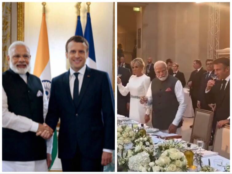 PM Modi raises toast at dinner with French Prez Macron then puts the glass aside Watch Video : மது கோப்பையை கீழே வைத்த பிரதமர் மோடி.. பிரான்சில் மதுவை தவிர்த்த வீடியோ வைரல்