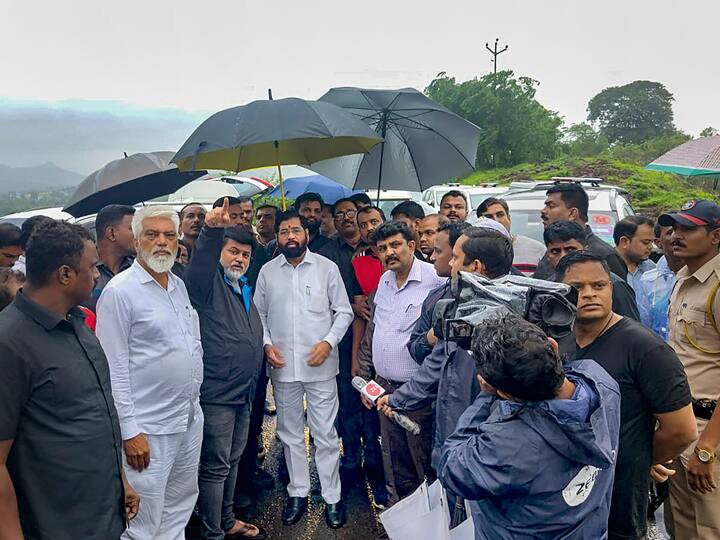 Chief Minister Eknath Shinde on Thursday visited Irshalwadi village in Maharashtra's Raigad district where landslide killed 12 people and many were left injured. The CM took stock of the situation. Image Source: PTI