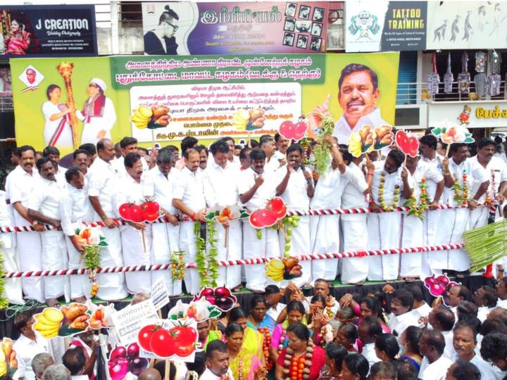 AIADMK members across the state conducted a protest condemning DMK government for the high price of tomatoes and other commodities