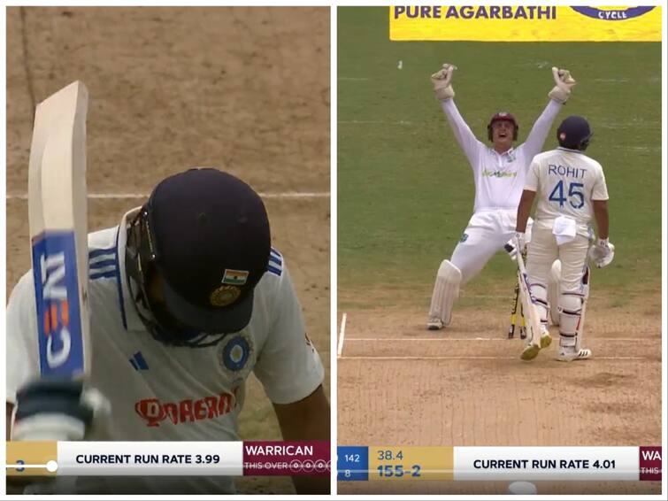 Rohit Sharma Disbelief, Throws Bat In Frustration After Getting Out Against WI During 2nd Test Queen's Park Oval – WATCH Rohit Sharma:  சதத்தை நழுவவிட்ட ரோகித் சர்மா; ஆவேசத்தில் ரோகித் சர்மா செய்தது என்ன தெரியுமா? வைரலாகும் வீடியோ