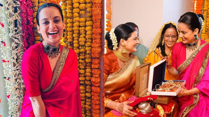 Kangana Ranaut:  ভাই অক্ষত রানাউতের স্ত্রী রিতু রানাউতের সাধের অনুষ্ঠানে একেবারে দেশি লুকে ধরা দিলেন বলিউডের কুইন।