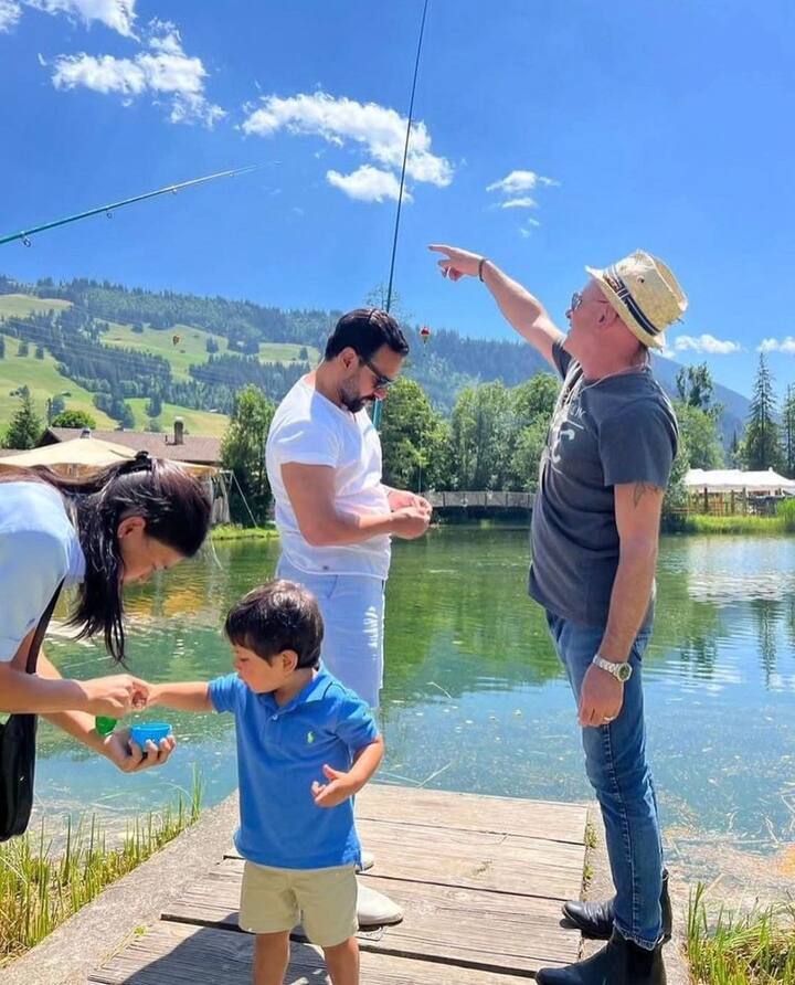 The second picture shows Saif Ali Khan, fixing bait to a fishing pole with Jeh beside him. (Image: Instagram/@kareenakapoorteam)