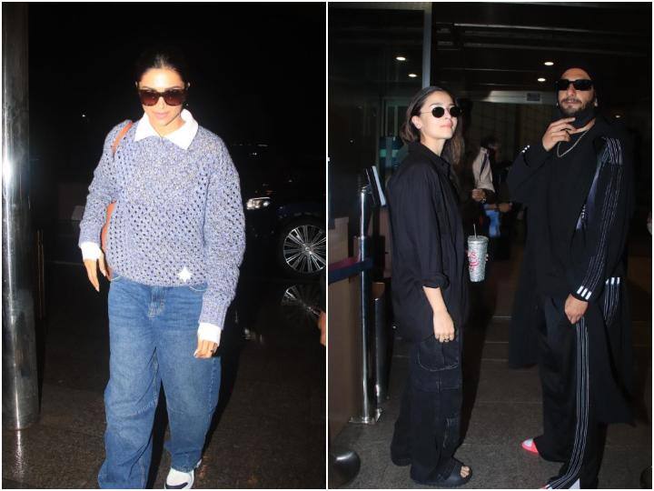 Deepika-Alia- Ranveer Pics: मुंबई एयरपोर्ट पर सोमवार सुबह दीपिका पादुकोण ही नहीं रॉकी और रानी की प्रेम कहानी के स्टार्स यानी आलिया भट्ट और रणवीर सिंह भी स्पॉट हुए.इनकी तस्वीरें वायरल हो रही हैं.