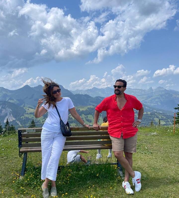 Sharing this picture, Kareena wrote, “Hair Flying Hero next to me❤️Alps in the background…Ready for the shot ❤️🌈Summer 2023.”  (Image: Instagram/@kareenakapoorkhan)