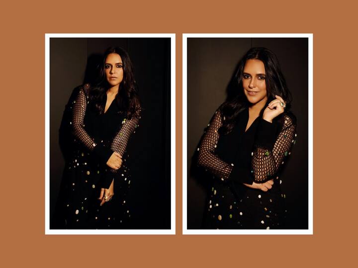 Neha Dhupia recently shared pictures in a black dress with small beads all over it.