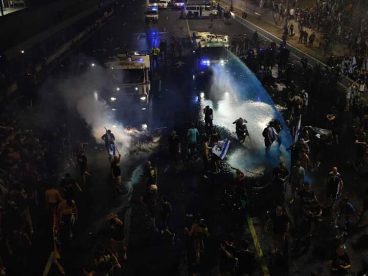 The protests intensified after Israeli police clashed with the agitators after the passage of the controversial judicial reforms bill. Visuals showed police dragging away some protesters. (Source: Getty)