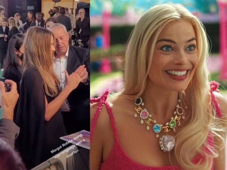 barbie lead margot robbie surprises her deaf fan by talking in sign language Margot Robbie: மாற்றுத்திறனாளி ரசிகருடன் சைகை மொழியில் உரையாடல்... லைக்ஸ் அள்ளும் ‘பார்பி’ பட நடிகையின் வீடியோ!