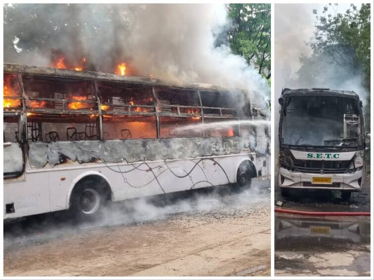 TN Govt Bus Catches Fire in Chennai Anna Nagar Transport Workshop TN Govt Bus Fire: அண்ணாநகரில் பரபரப்பு.. கொழுந்துவிட்டு எரிந்த  அரசு சொகுசுப் பேருந்து..!