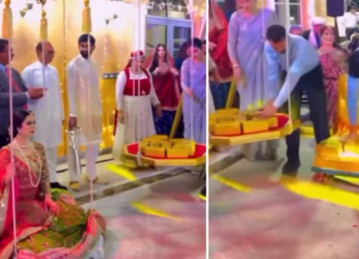 Pakistani businessman weighed his daughter with bricks of gold in her marriage video viral on social media Watch: पाकिस्‍तानी रईस ने शादी में अपनी बेटी को 'सोने' की ईंटों से तोला, वीडियो देख भड़के लोग