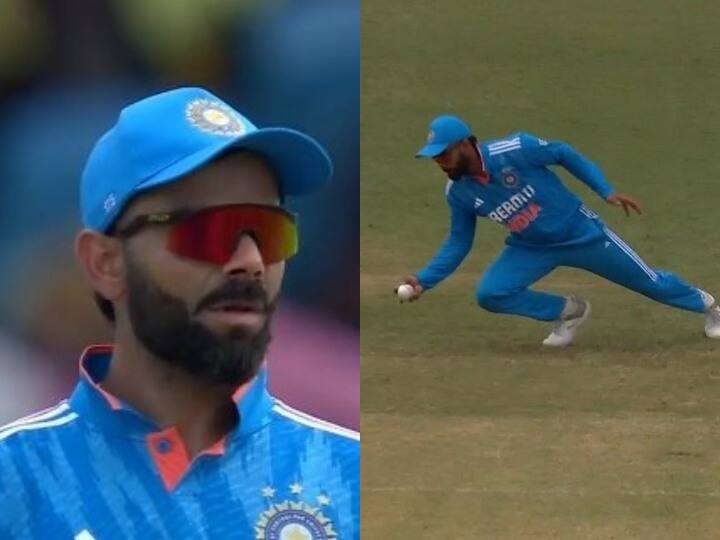 IND vs WI Virat Kohli one handed catch Romario Shepherd bowled by Ravindra Jadeja West Indies vs India 1st ODI IND vs WI: जडेजा की गेंद पर कोहली ने एक हाथ से पकड़ा कैच, फैंस ने जमकर की तारीफ