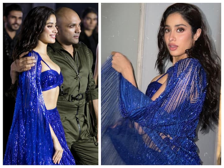 Janhvi Kapoor radiated beauty in a glittering dark blue lehenga at India Couture Week. Check out her look.