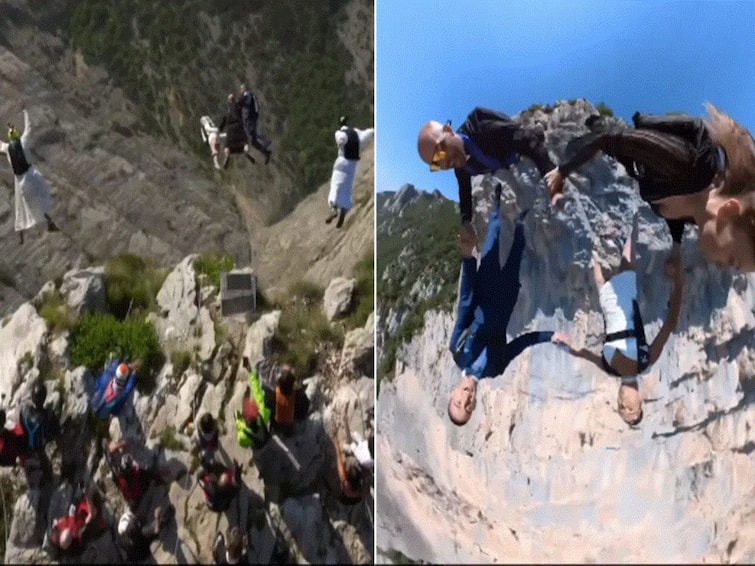 Newly Married Couple Celebrate Wedding By Skydiving Off High Cliff Along With Guests. Watch Newly Married Couple Celebrate Wedding By Skydiving Off High Cliff Along With Guests. Watch