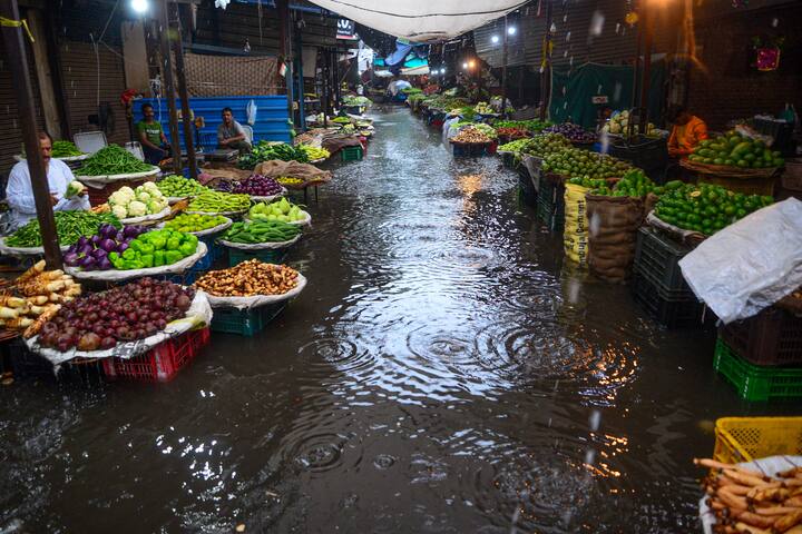 Jalandhar: पालघरच्या भाजीमंडईची पुन्हा आठवण यावी असाच हा फोटो, पण ही स्थितीही जालंधरच्या भाजी मार्केटची आहे. भाज्यांनी मार्केट सज्ज आहे, या कमरेएवढ्या पाण्यातून वाट काढत ग्राहकांनी खरेदीसाठी कसं यावं हा प्रश्न या भाजीविक्रेत्यांनाही पडला असावा. हा फोटो 22 जुलै 2023 चा आहे. (PTI Photo)