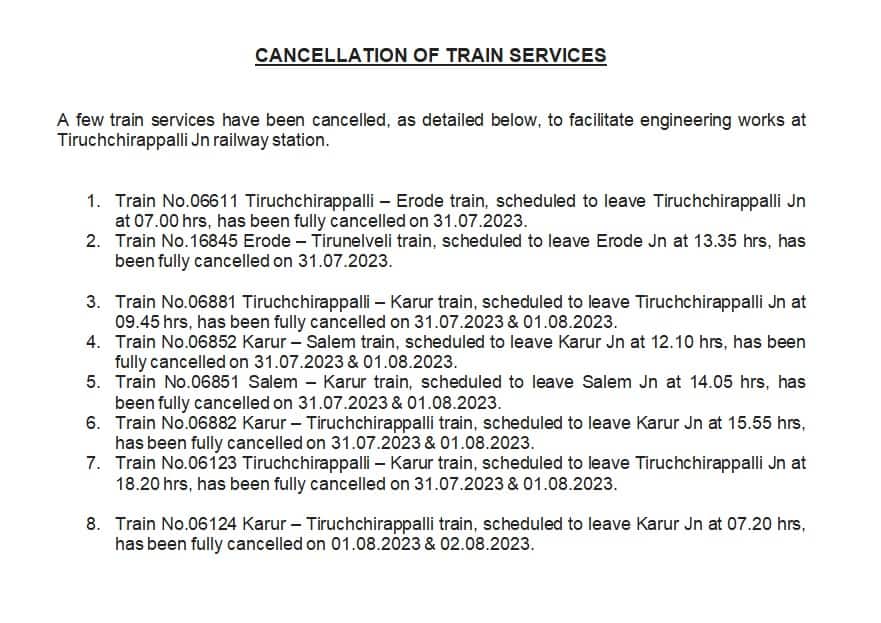 Trains Cancelled: பயணிகள் கவனத்திற்கு; திருச்சி மார்க்கத்தில் 12  ரயில்கள் சேவை ரத்து - முழு விவரம்