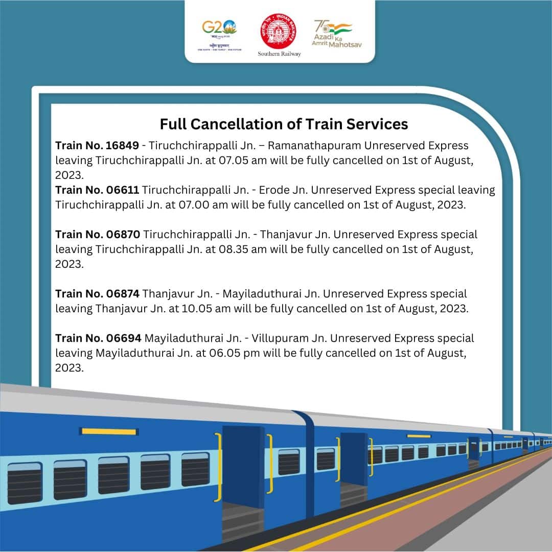 Trains Cancelled: பயணிகள் கவனத்திற்கு; திருச்சி மார்க்கத்தில் 12  ரயில்கள் சேவை ரத்து - முழு விவரம்