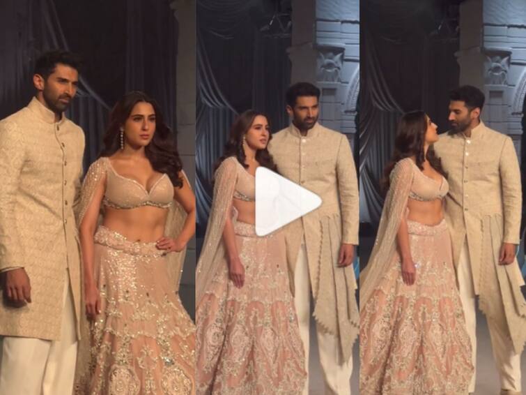 Sara Ali Khan Trolled for her ramp walk with aditya roy kapur video viral Sara Ali Khan Trolled: सारा अली खाननं आदित्य रॉय कपूरसोबत केला रॅम्प वॉक; नेटकरी म्हणाले, 'ओव्हर अॅक्टिंग'