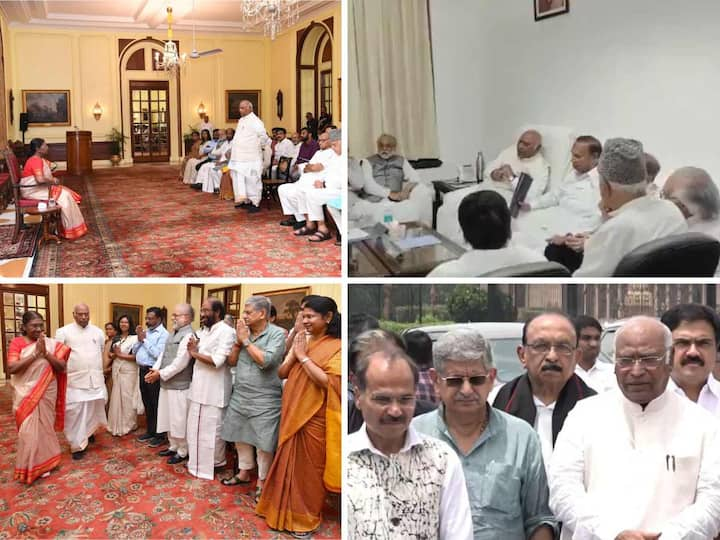 The leaders of Opposition parties met President Droupadi Murmu and demanded that Prime Minister Narendra Modi visit Manipur to restore normalcy in the state. Here's a glimpse of the meeting.