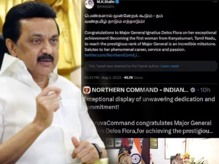 indian army explained why cm stalin tweet deleted about first women Major general from tamilnadu முதல் பெண் ராணுவ ஜெனரல் தொடர்பான முதலமைச்சர் ட்வீட் நீக்கம் - காரணம் என்ன? - ராணுவம் விளக்கம்